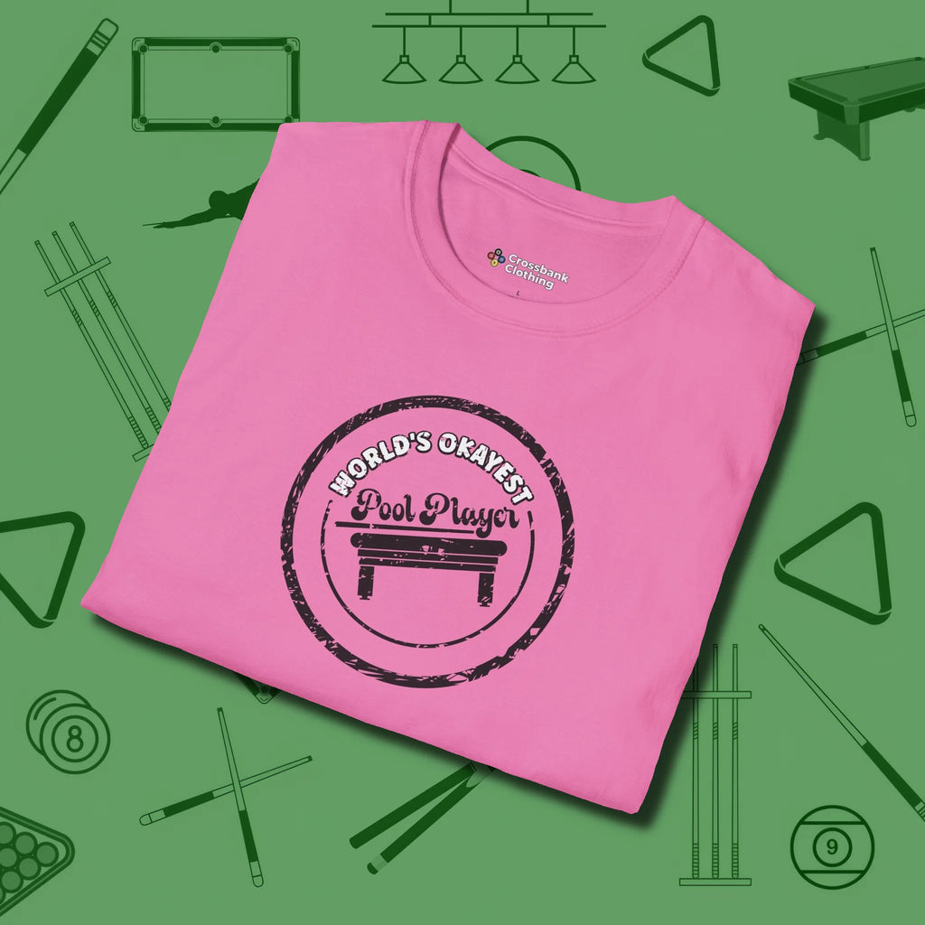 World's Okayest Stamp T-Shirt, folded view, in Azalea like your stroke — smooth and deliberate