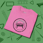 World's Okayest Stamp T-Shirt, folded view, in Azalea like your stroke — smooth and deliberate