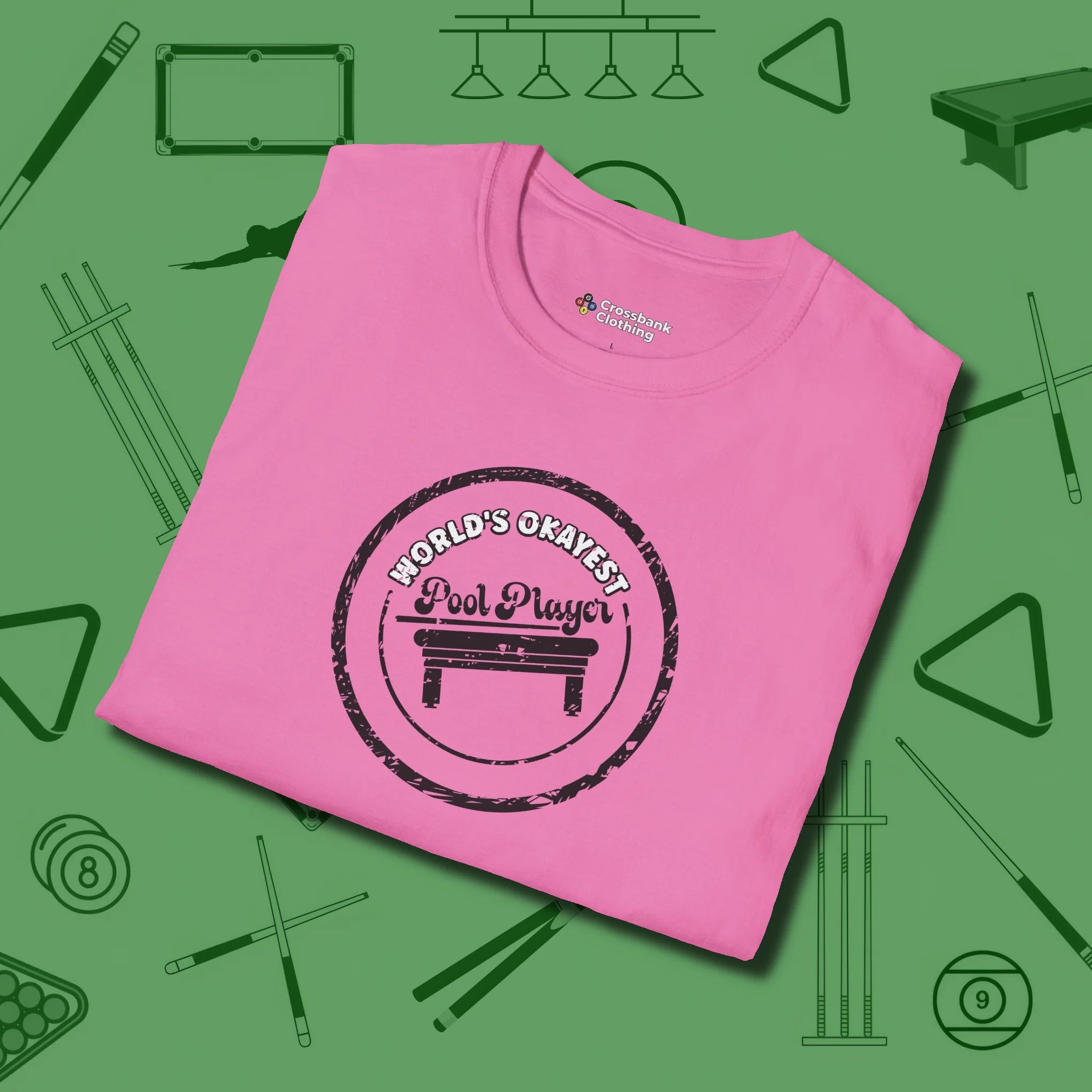 World's Okayest Stamp T-Shirt, folded view, in Azalea like your stroke — smooth and deliberate
