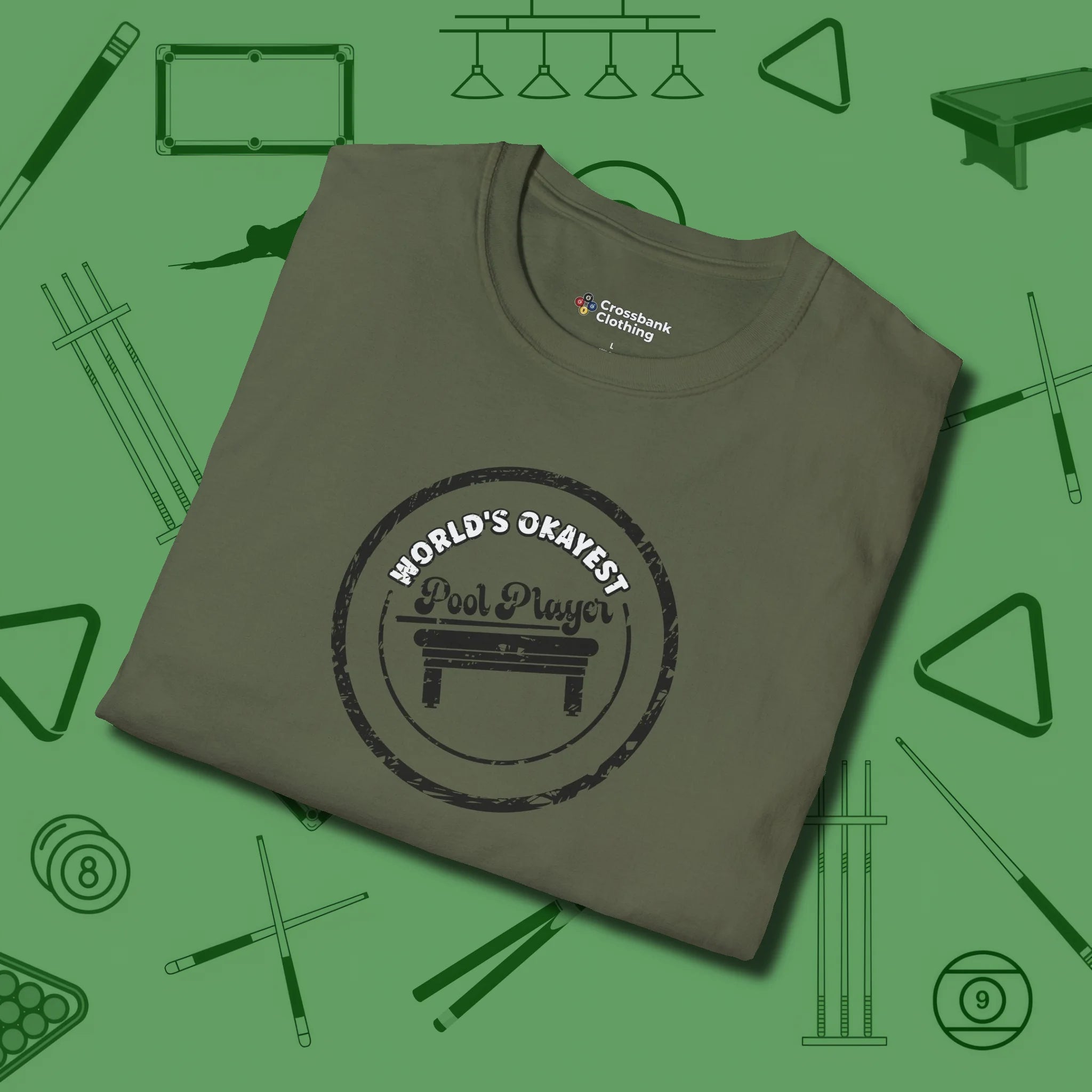 World's Okayest Stamp T-Shirt, folded view, in Military Green cool enough for a corner pocket finish