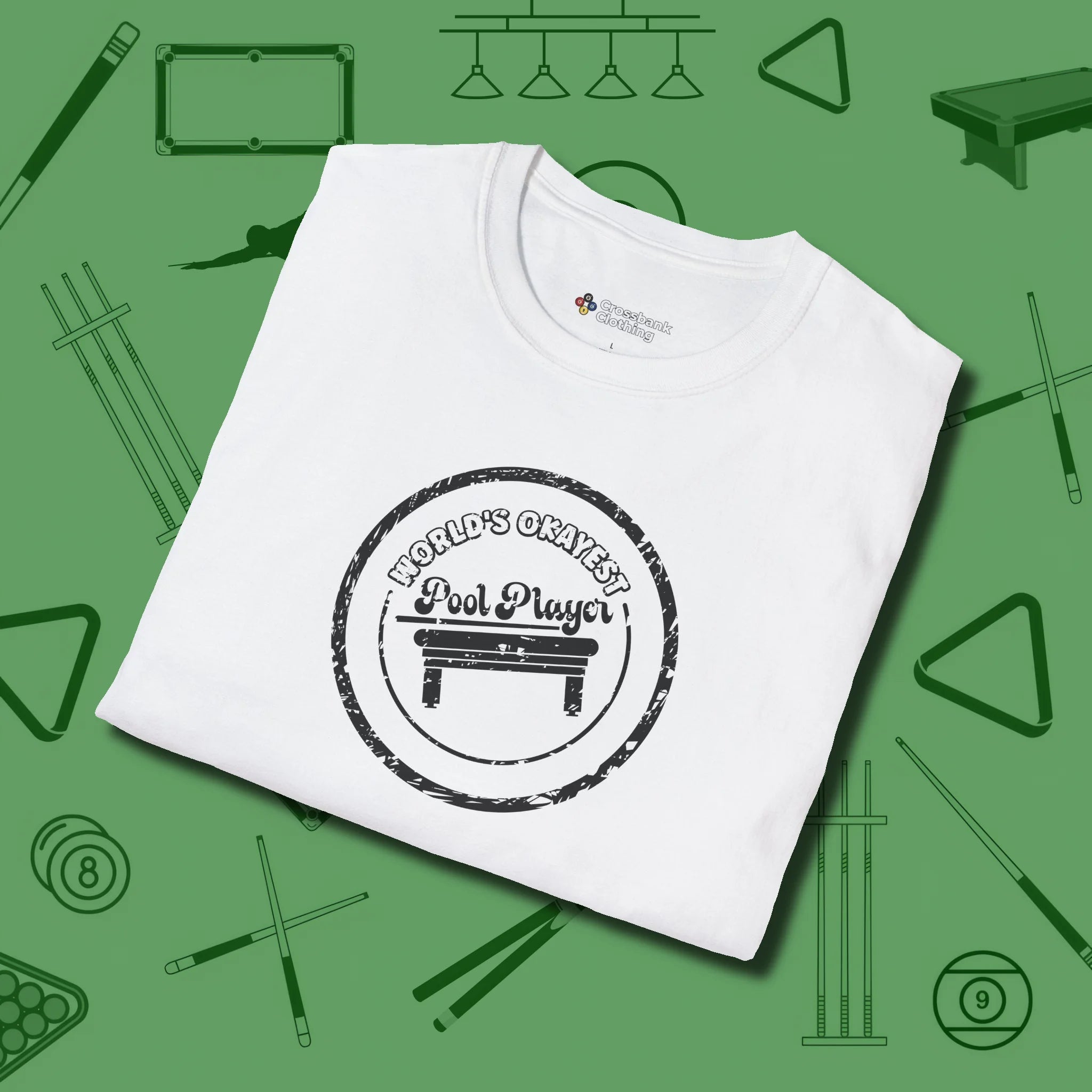 World's Okayest Stamp T-Shirt, folded view, in White where cue control meets personal style