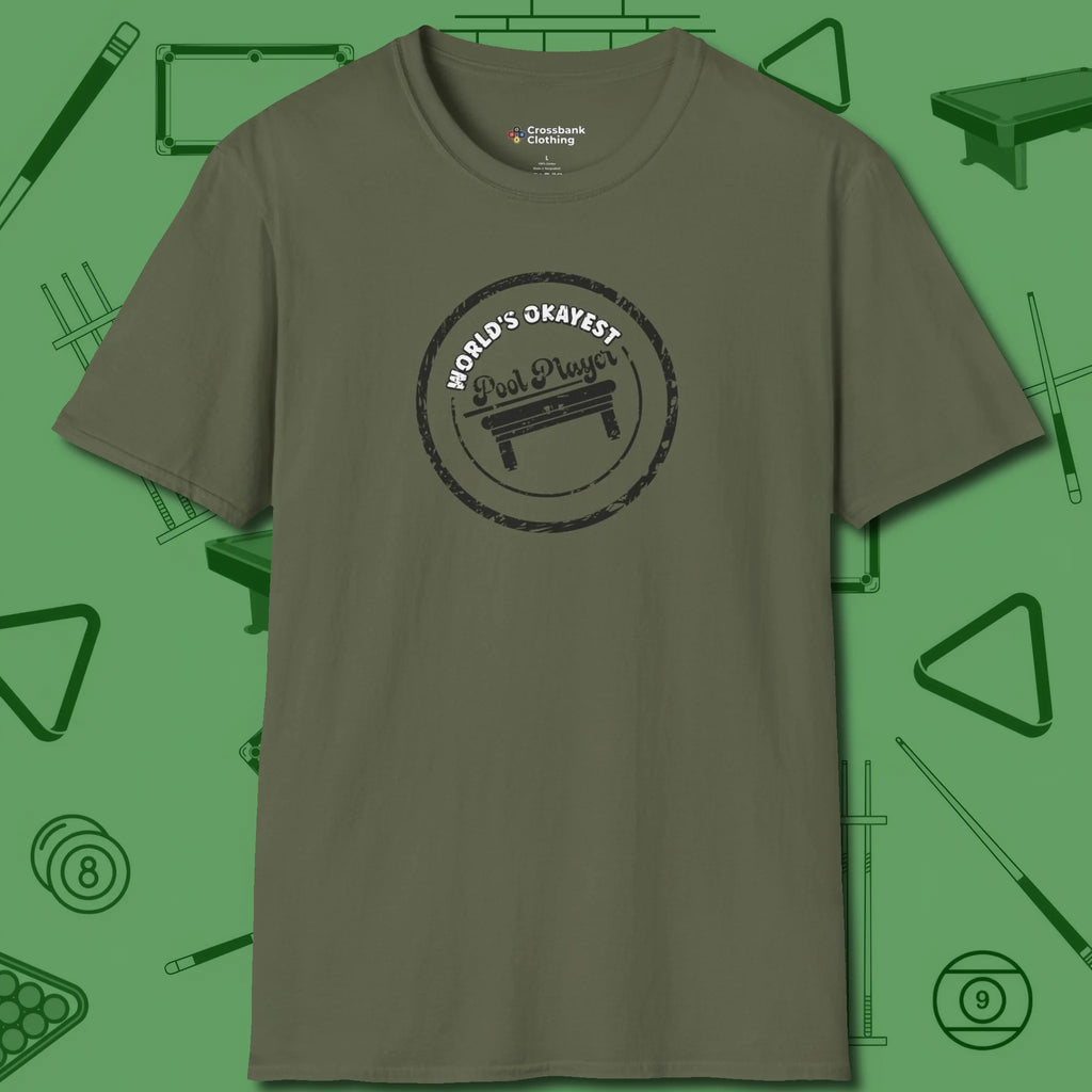 World's Okayest Stamp T-Shirt, front view, in Military Green smart apparel for strategic players