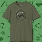 World's Okayest Stamp T-Shirt, front view, in Military Green smart apparel for strategic players