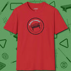 World's Okayest Stamp T-Shirt, front view, in Red it’s not a hobby — it’s a lifestyle