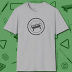 World's Okayest Stamp T-Shirt, front view, in Sport Grey look good while calling your pocket