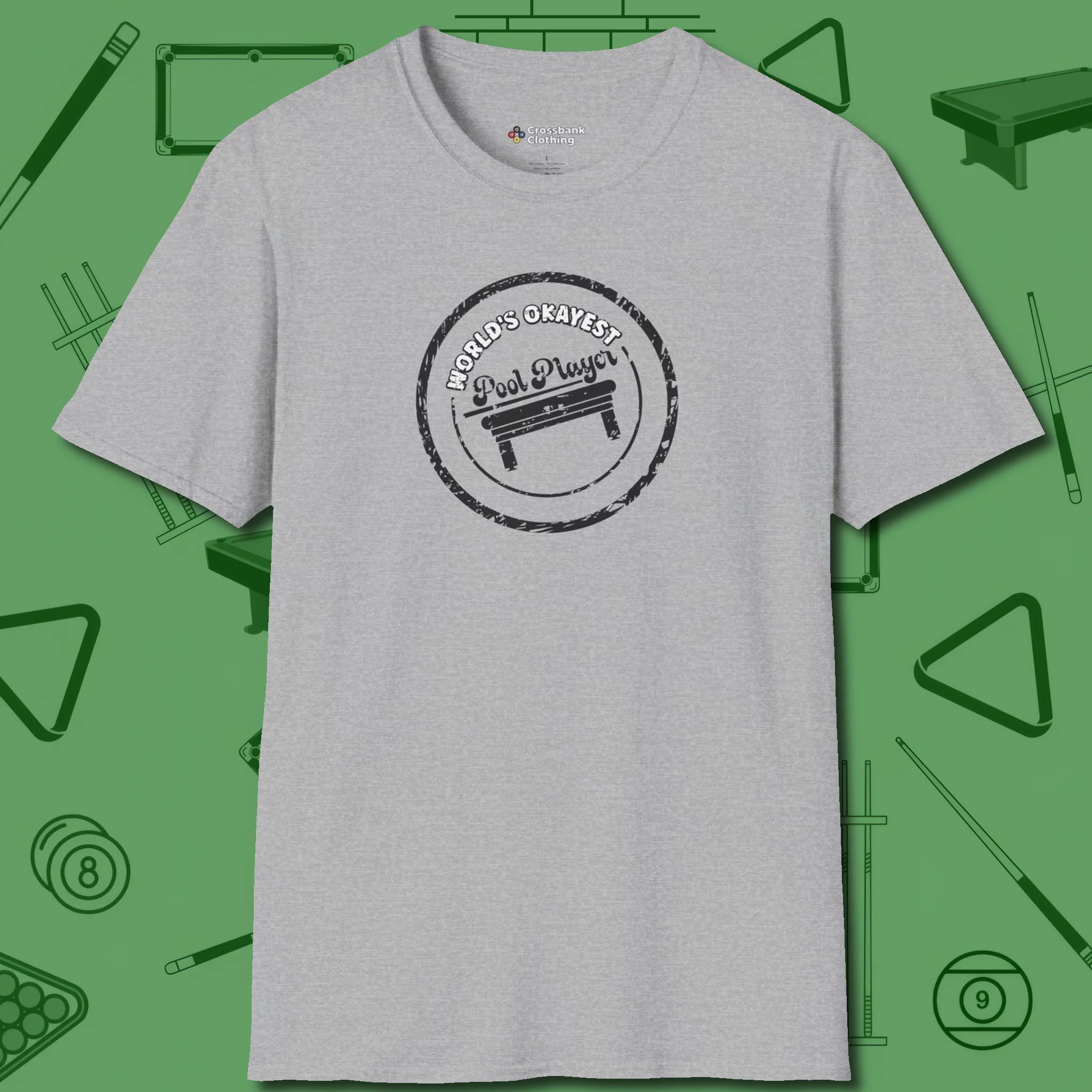 World's Okayest Stamp T-Shirt, front view, in Sport Grey look good while calling your pocket