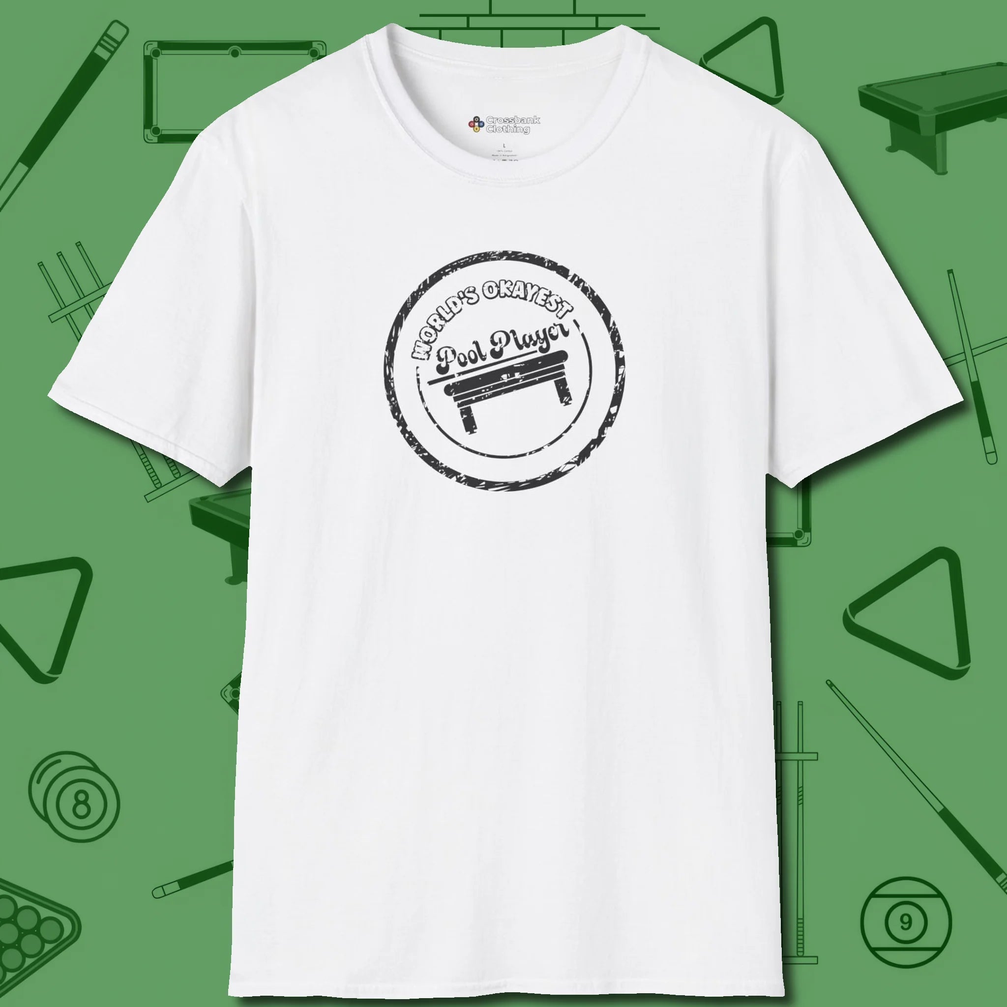 World's Okayest Stamp T-Shirt, front view, in White confidence stitched in every seam