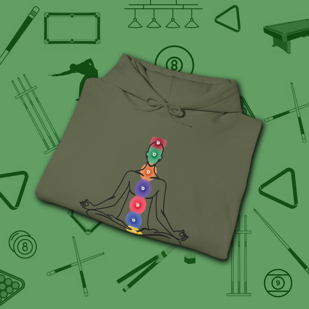 Zen Alignment Pool Hoodie, in Military Green color, billiards hoodie, folded view