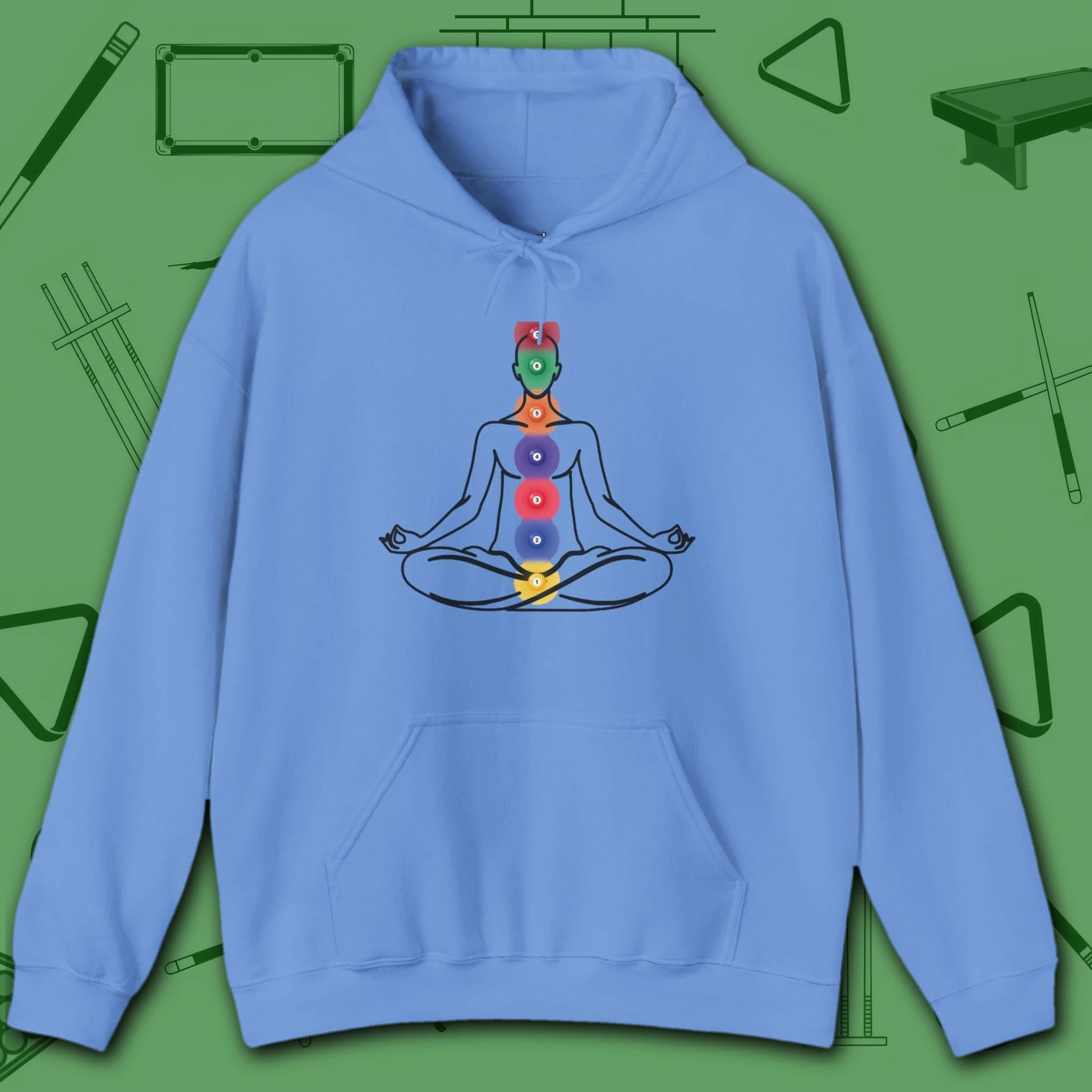 Zen Alignment Pool Hoodie, in Carolina Blue color, billiards hoodie, front view