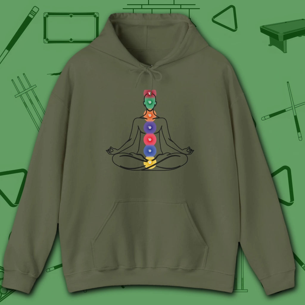 Zen Alignment Pool Hoodie, in Military Green color, billiards hoodie, front view