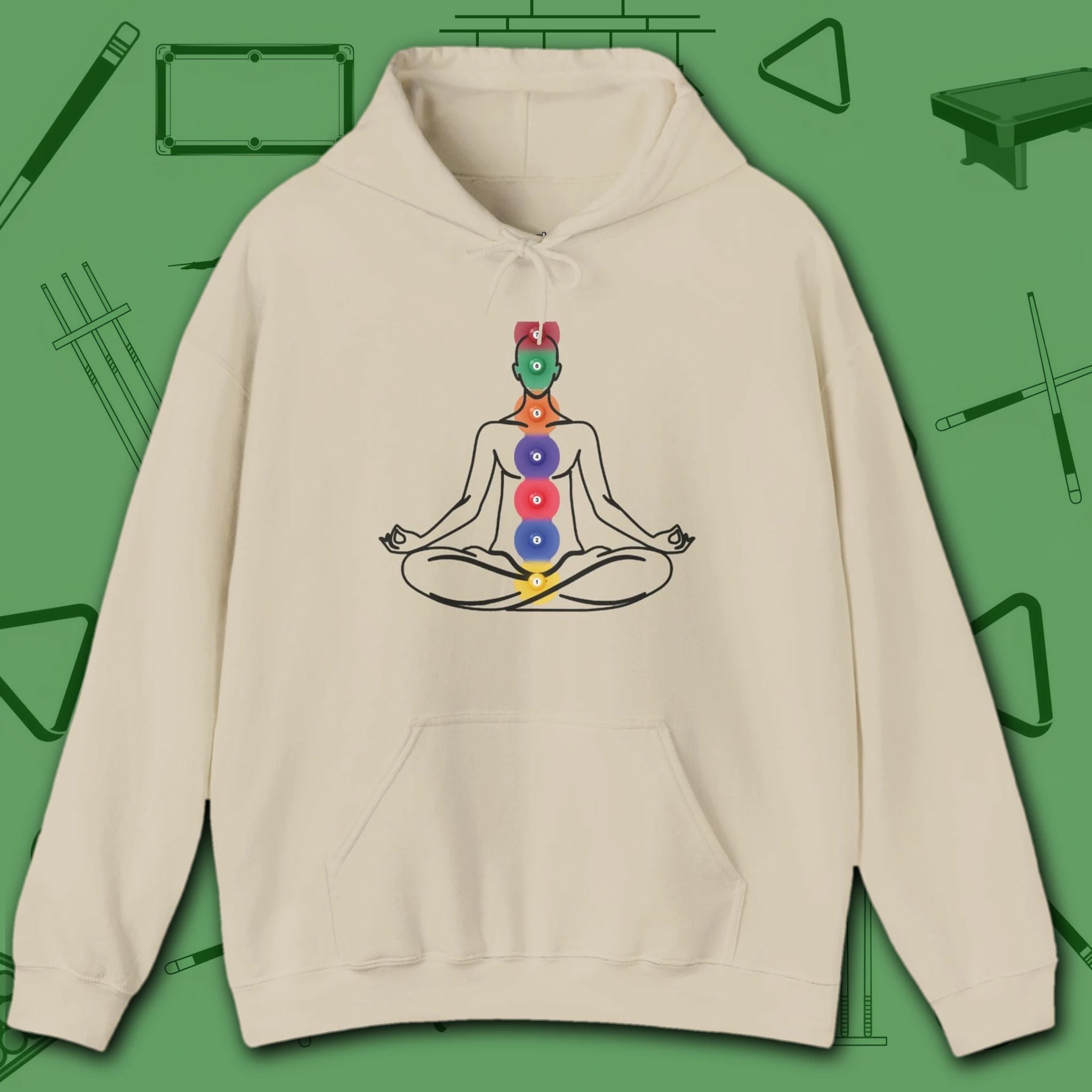 Zen Alignment Pool Hoodie, in Sand color, billiards hoodie, front view