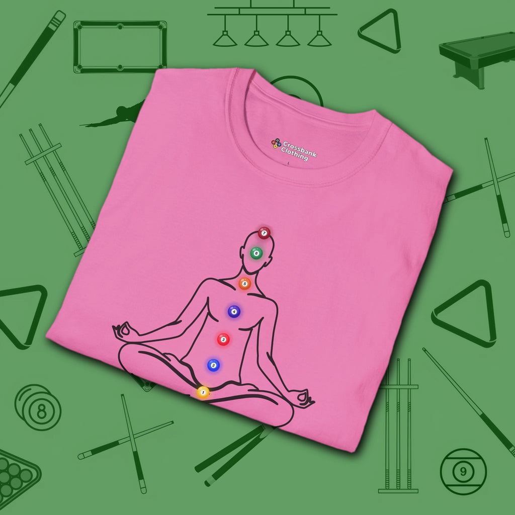 Zen Alignment Pool T-Shirt, in Azalea color, billiards shirt, folded view