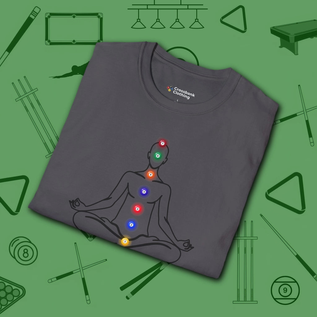 Zen Alignment Pool T-Shirt, in Charcoal color, billiards shirt, folded view