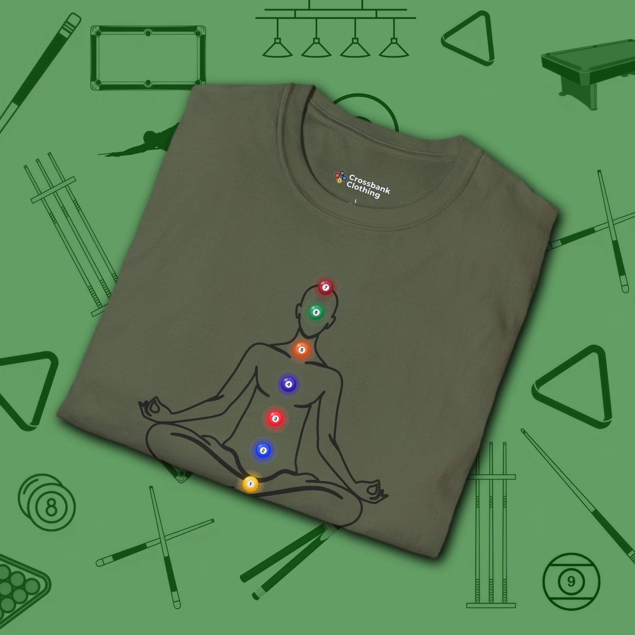 Zen Alignment Pool T-Shirt, in Military Green color, billiards shirt, folded view