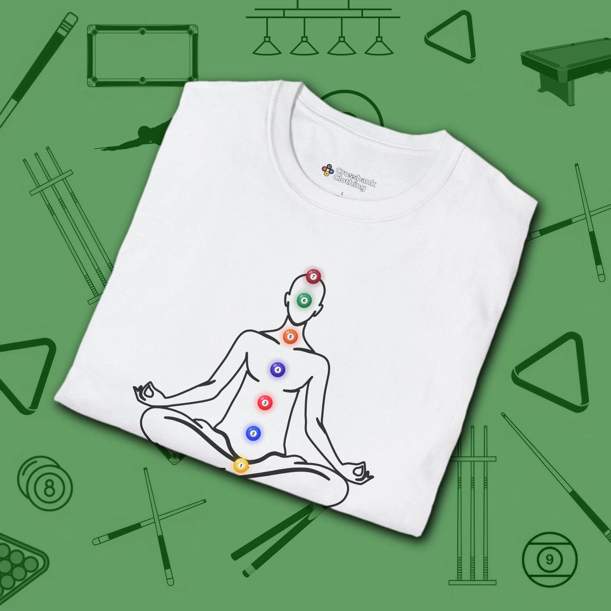 Zen Alignment Pool T-Shirt, in White color, billiards shirt, folded view
