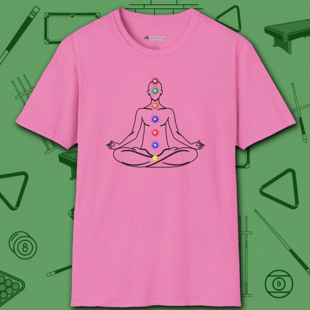 Zen Alignment Pool T-Shirt, in Azalea color, billiards shirt, front view