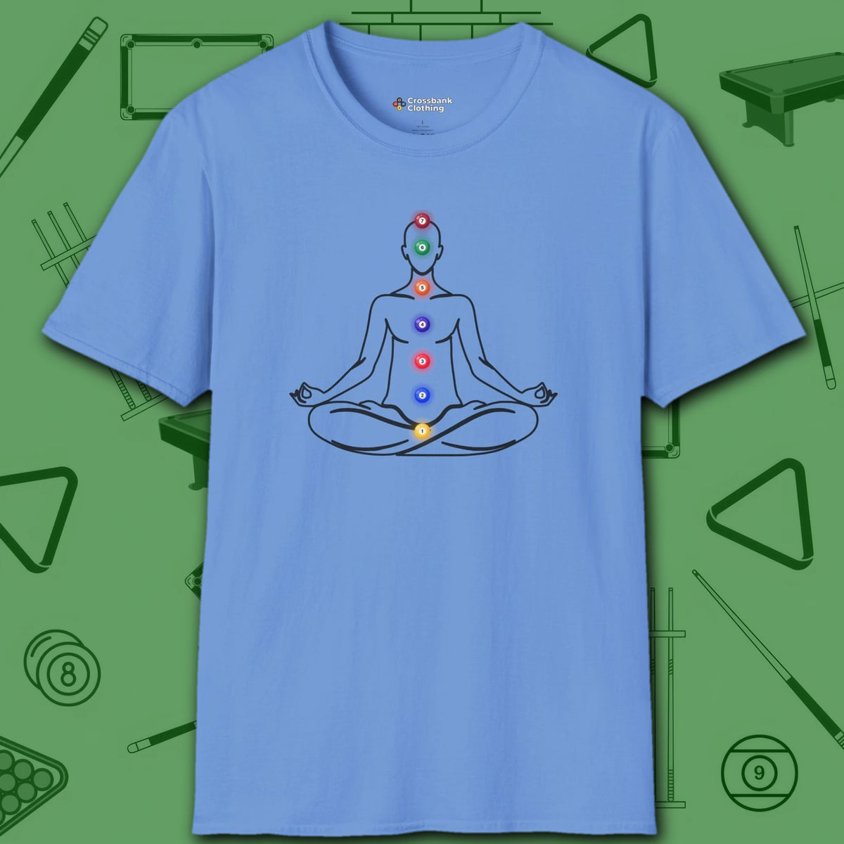 Zen Alignment Pool T-Shirt, in Carolina Blue color, billiards shirt, front view
