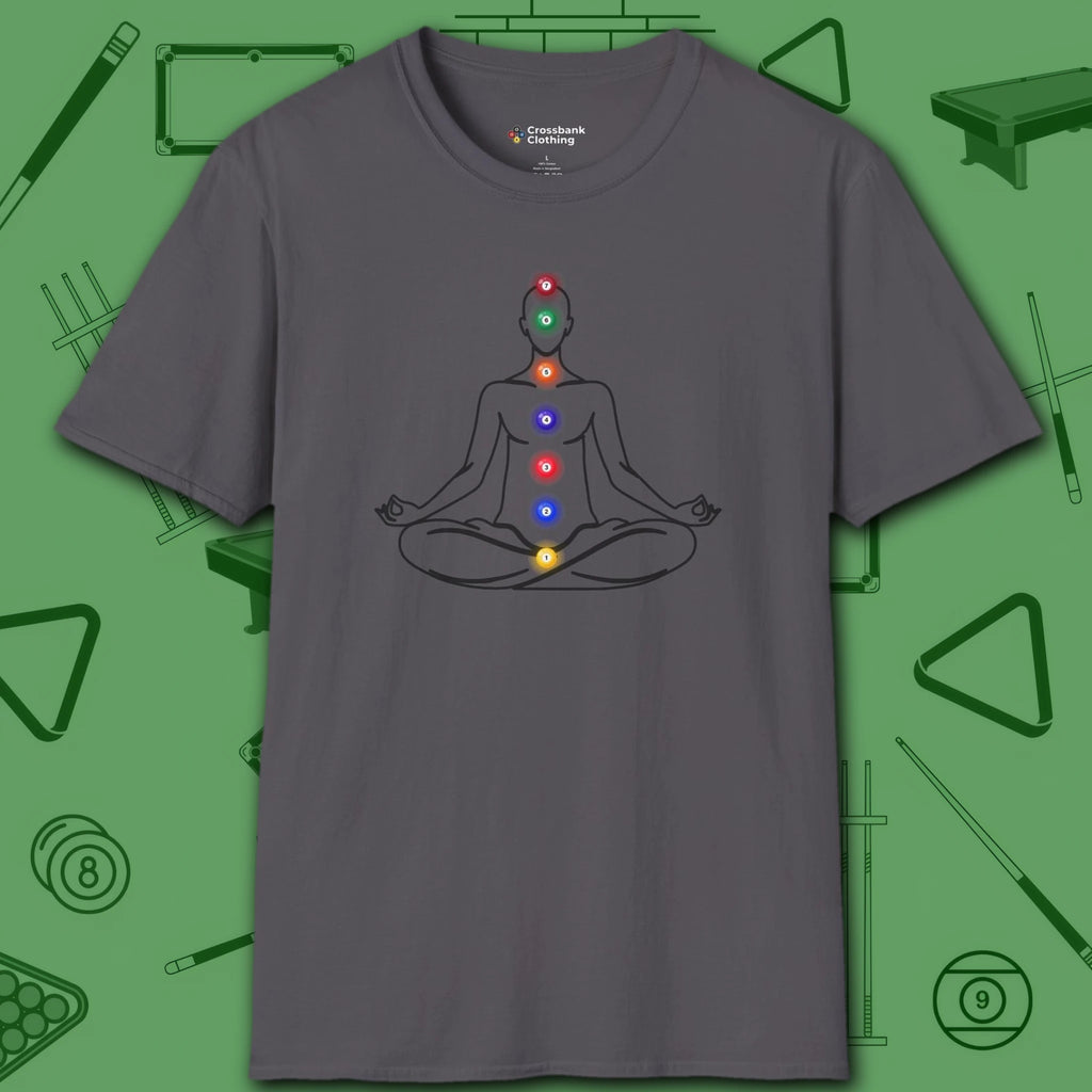 Zen Alignment Pool T-Shirt, in Charcoal color, billiards shirt, front view