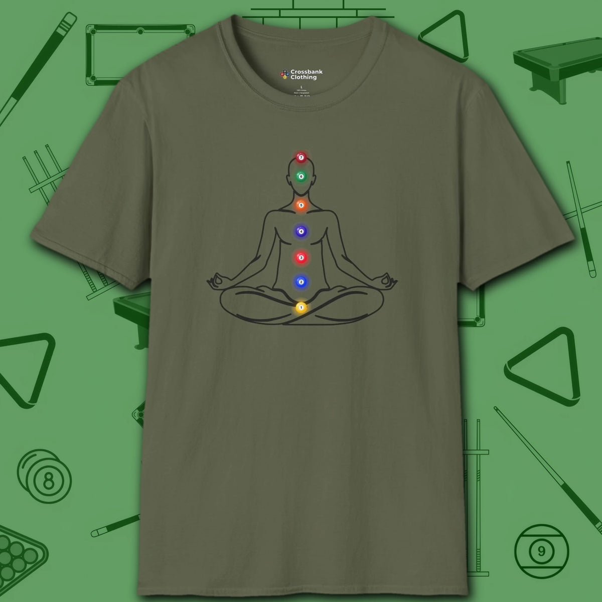 Zen Alignment Pool T-Shirt, in Military Green color, billiards shirt, front view